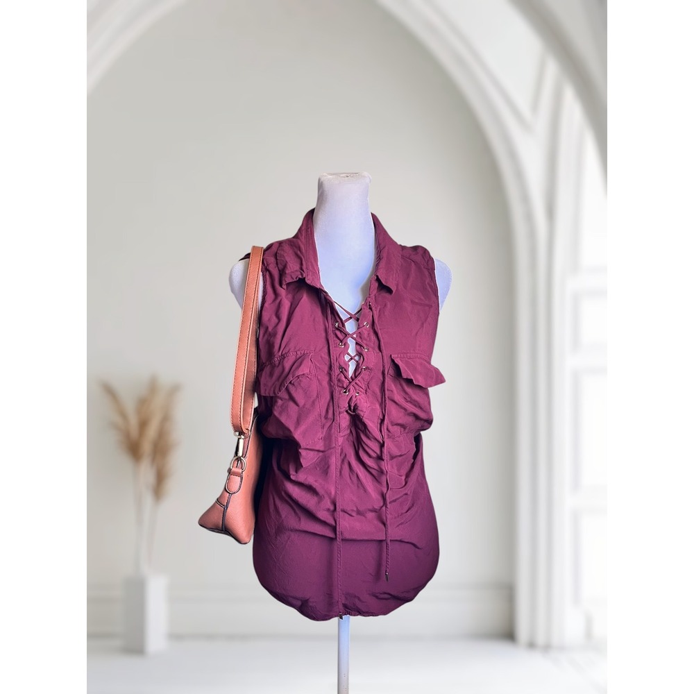 Dalia Plus Size 1X Burgundy Lace-Up Sleeveless Rayon Blouse